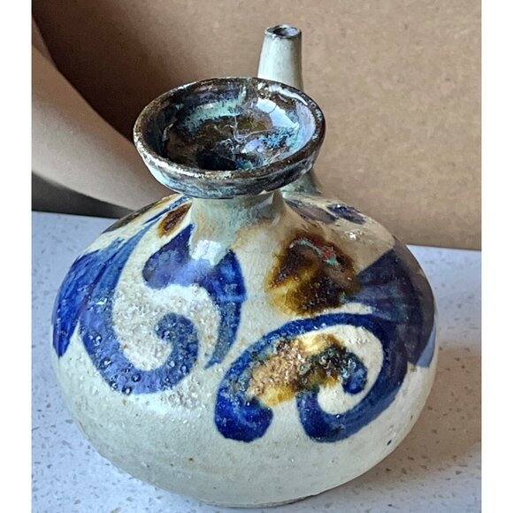 Saki Ceramic Pitcher Blue & Brown Swirl Design Hand Thrown Oil Vinegar Gift VTG - Picture 7 of 9